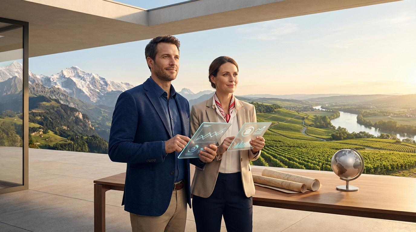 Homme et femme souriants tiennent des tablettes futuristes avec données financières, face aux montagnes suisses et vignobles.