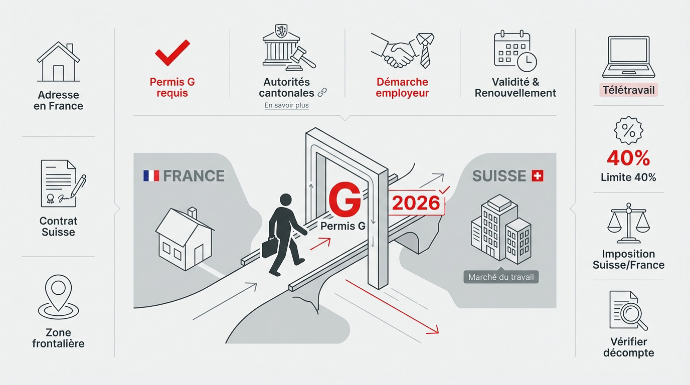 Schéma des étapes d'obtention du permis G pour les travailleurs frontaliers en Suisse