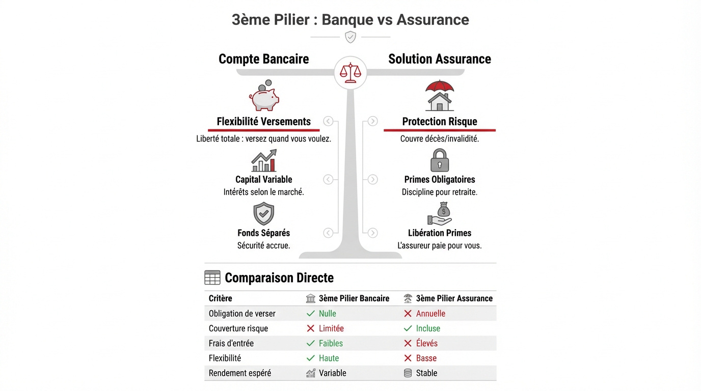 Comparaison visuelle entre un compte 3ème pilier bancaire et une police d'assurance vie en Suisse