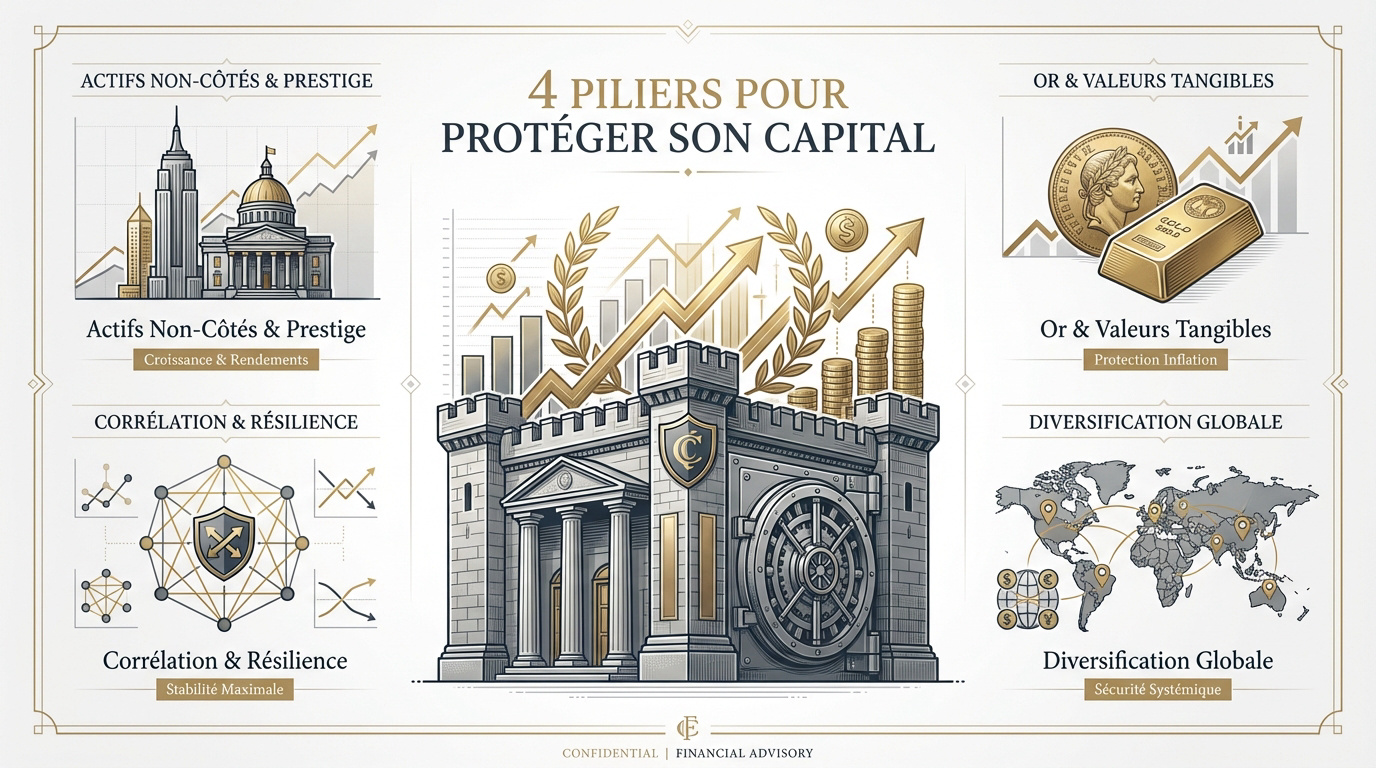 Schéma des 4 piliers de l'allocation d'actifs pour les grandes fortunes