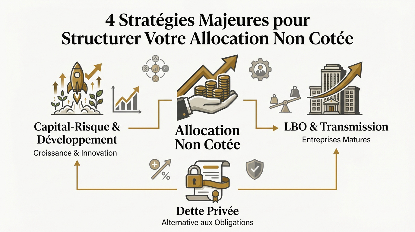 Schéma des 4 stratégies d'allocation en Private Equity