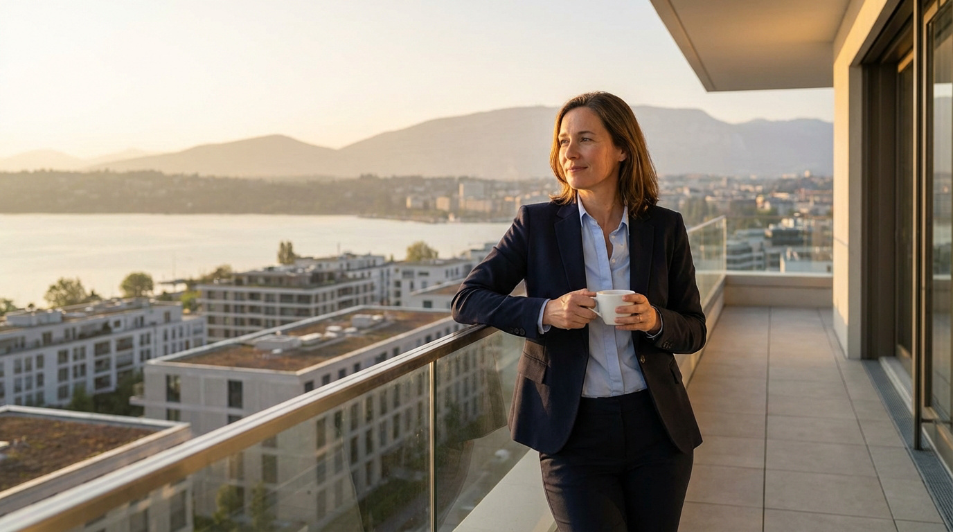 Femme en costume sur un balcon moderne à Genève, contemplant un lac et des montagnes au coucher du soleil, tenant une tasse.