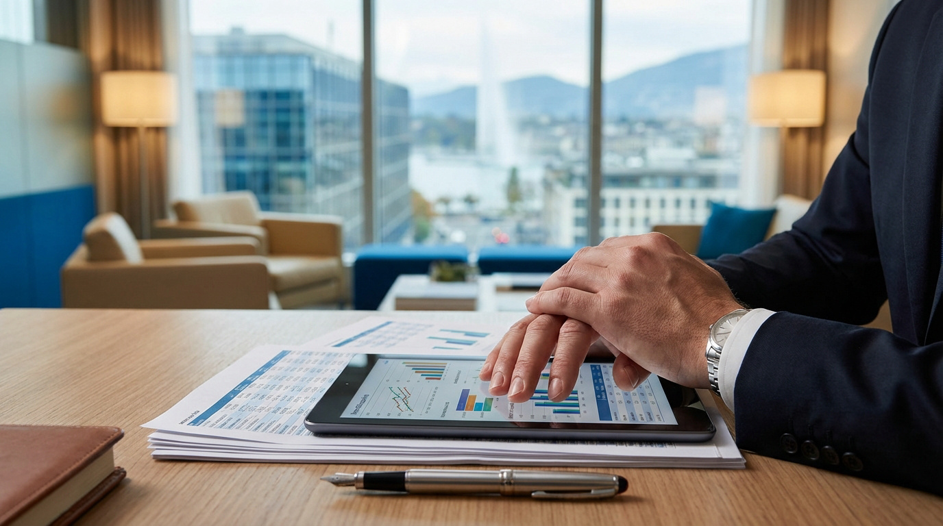 Gros plan sur un homme en costume consultant des graphiques financiers sur une tablette, avec le Jet d'Eau de Genève en arrière-plan.