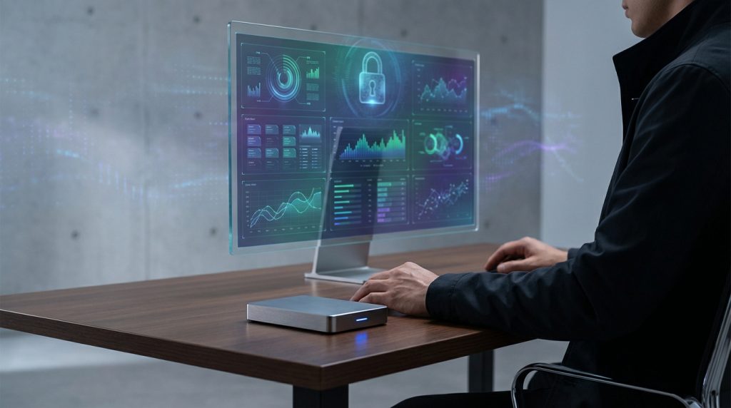 Une personne analyse des données financières sur un écran futuriste transparent, avec un cadenas symbolisant la sécurité des actifs numériques.