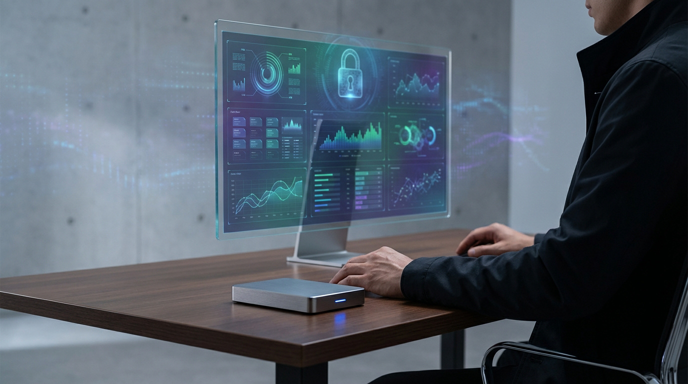 Une personne analyse des données financières sur un écran futuriste transparent, avec un cadenas symbolisant la sécurité des actifs numériques.