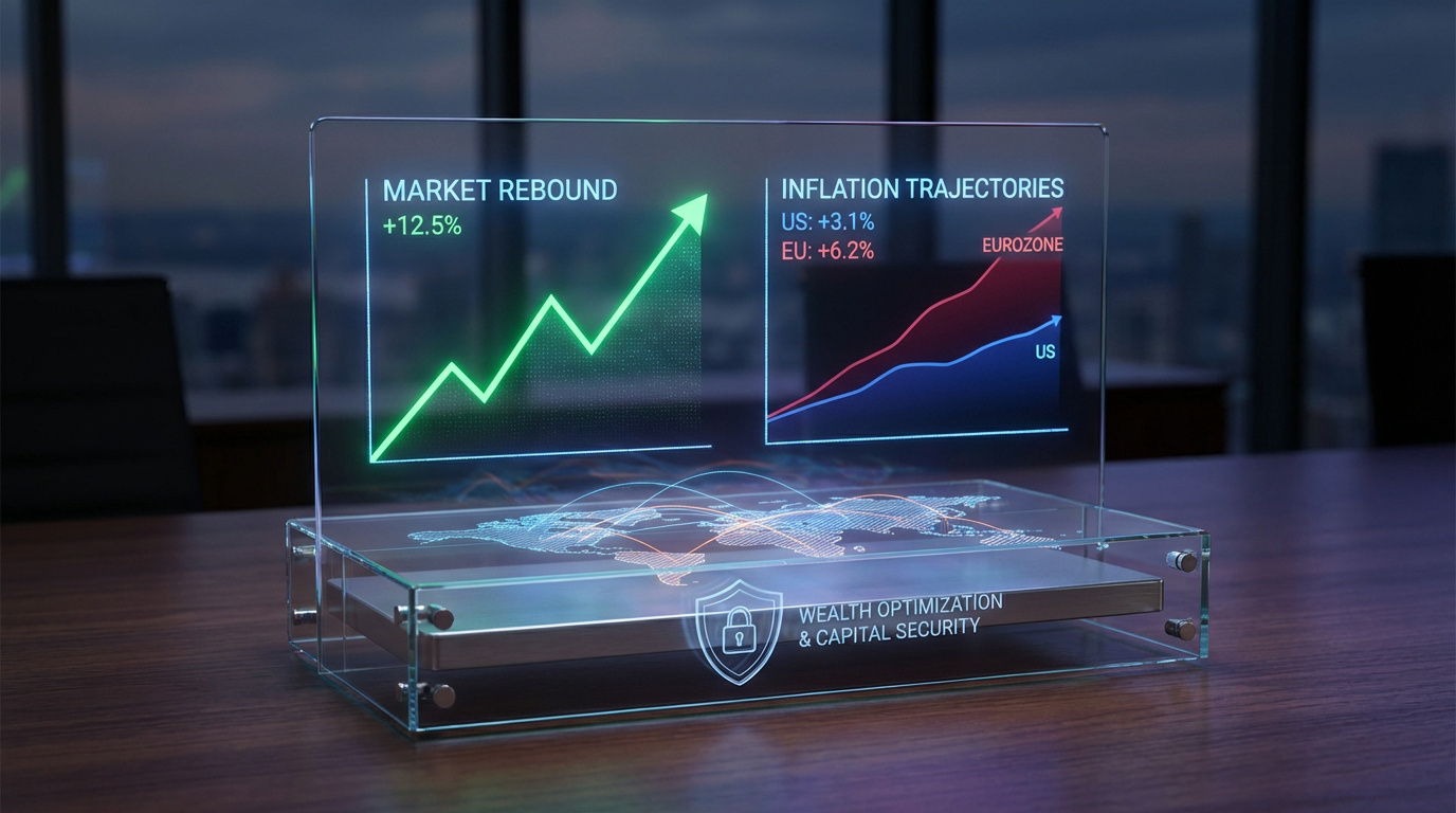 Écran transparent futuriste affichant rebond marché (+12.5%) et trajectoires inflation US (+3.1%), Eurozone (+6.2%), avec carte mondiale.