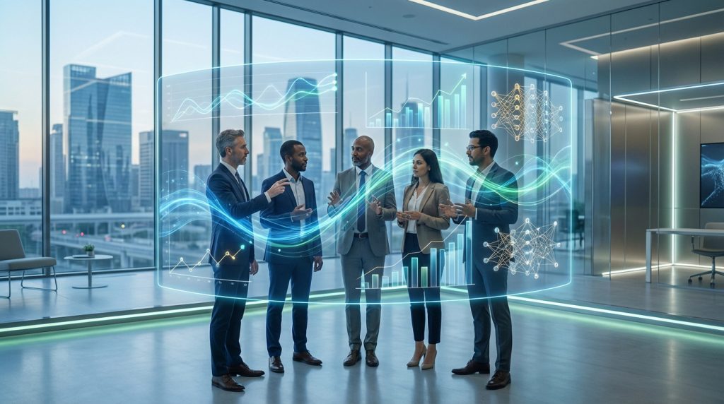 Cinq professionnels analysent des graphiques holographiques sur les tendances du private equity dans un bureau moderne.