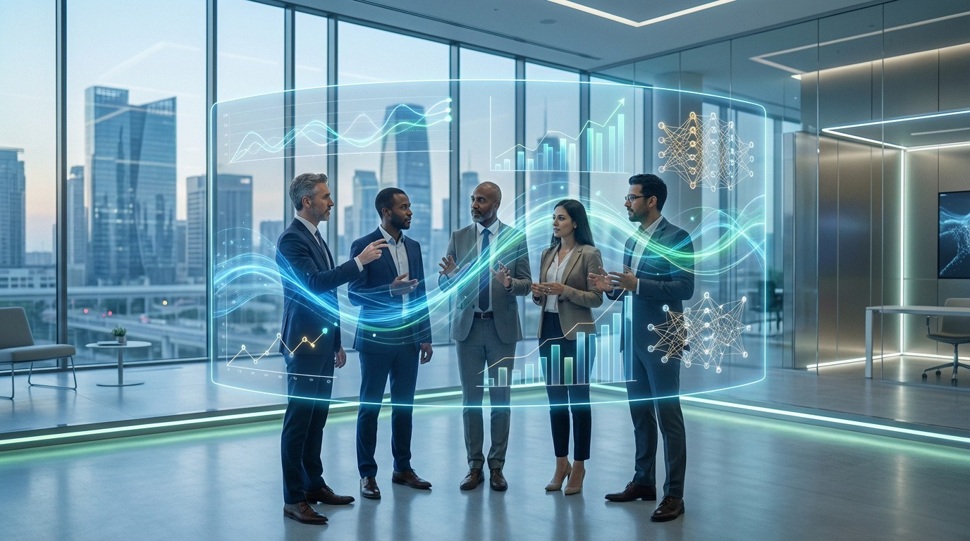 Cinq professionnels analysent des graphiques holographiques sur les tendances du private equity dans un bureau moderne.