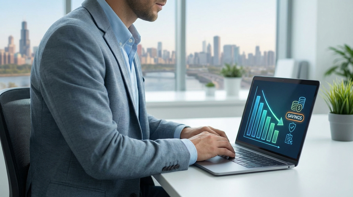 Un homme consulte son laptop affichant un graphique de baisse des coûts et des icônes d'économies, idéal pour réduire les primes.