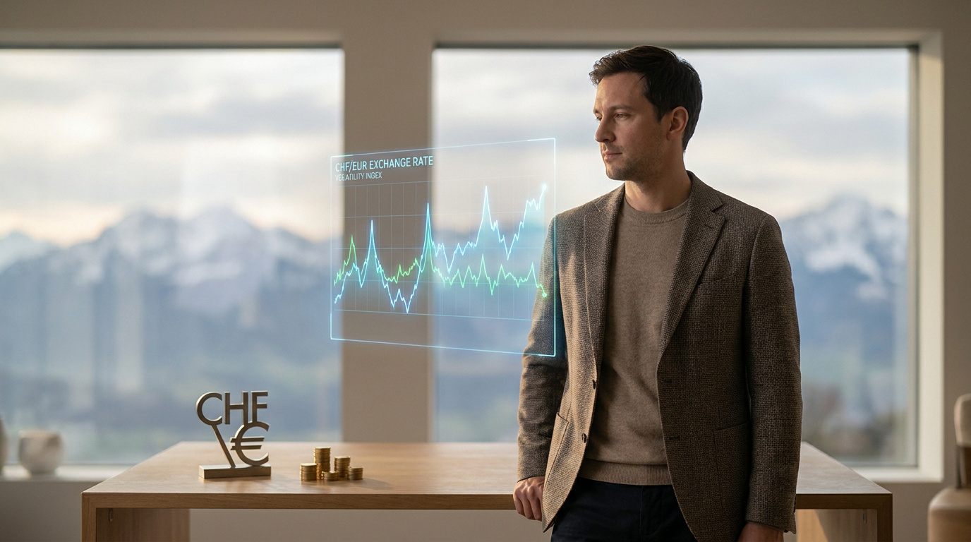 Homme frontalier analysant un graphique holographique CHF/EUR. Symboles monétaires et piles de pièces, avec montagnes en arrière-plan.