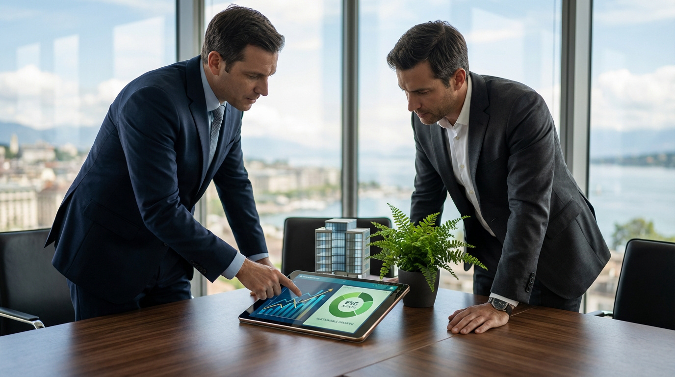 Deux hommes en costume discutent d'investissements ESG sur une tablette dans un bureau moderne avec vue sur le lac Léman à Genève.