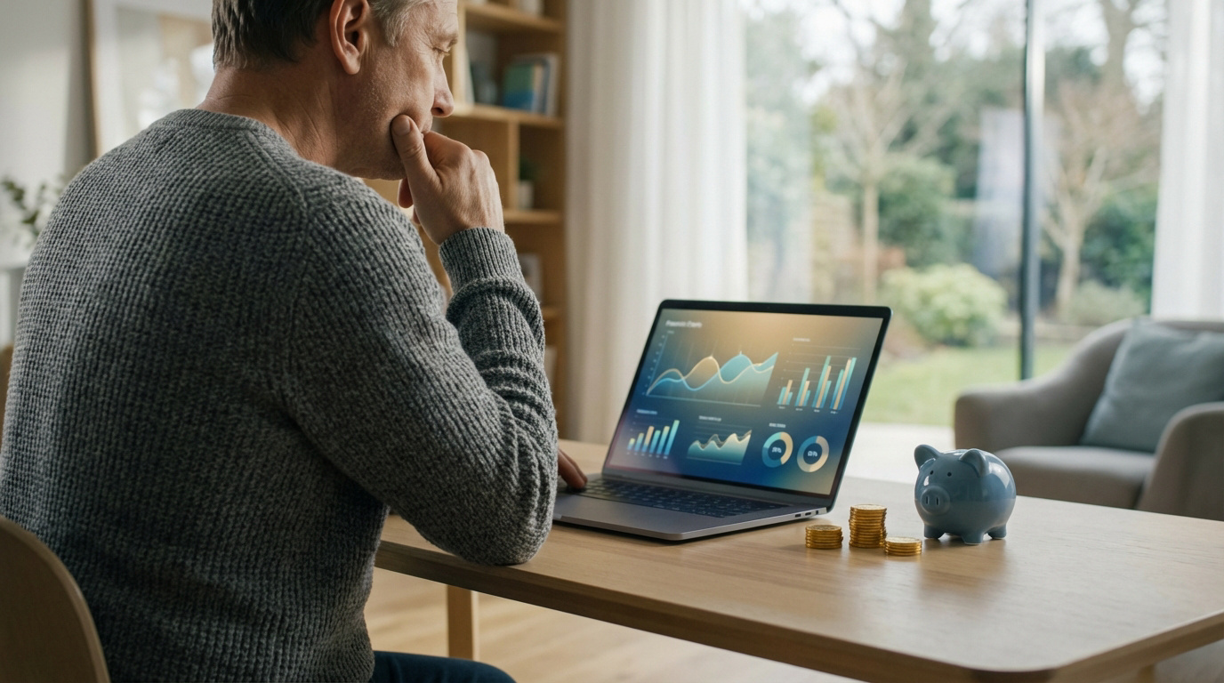 Homme réfléchit devant un laptop affichant des graphiques financiers, avec tirelire et pièces d'or, comparant les offres PER.