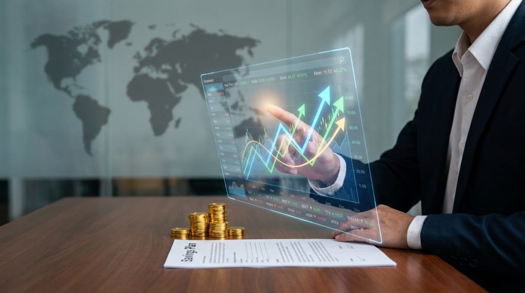 Main d'homme en costume interagissant avec un écran holographique affichant des graphiques financiers haussiers. Pièces d'or et plan d'épargne sur table.