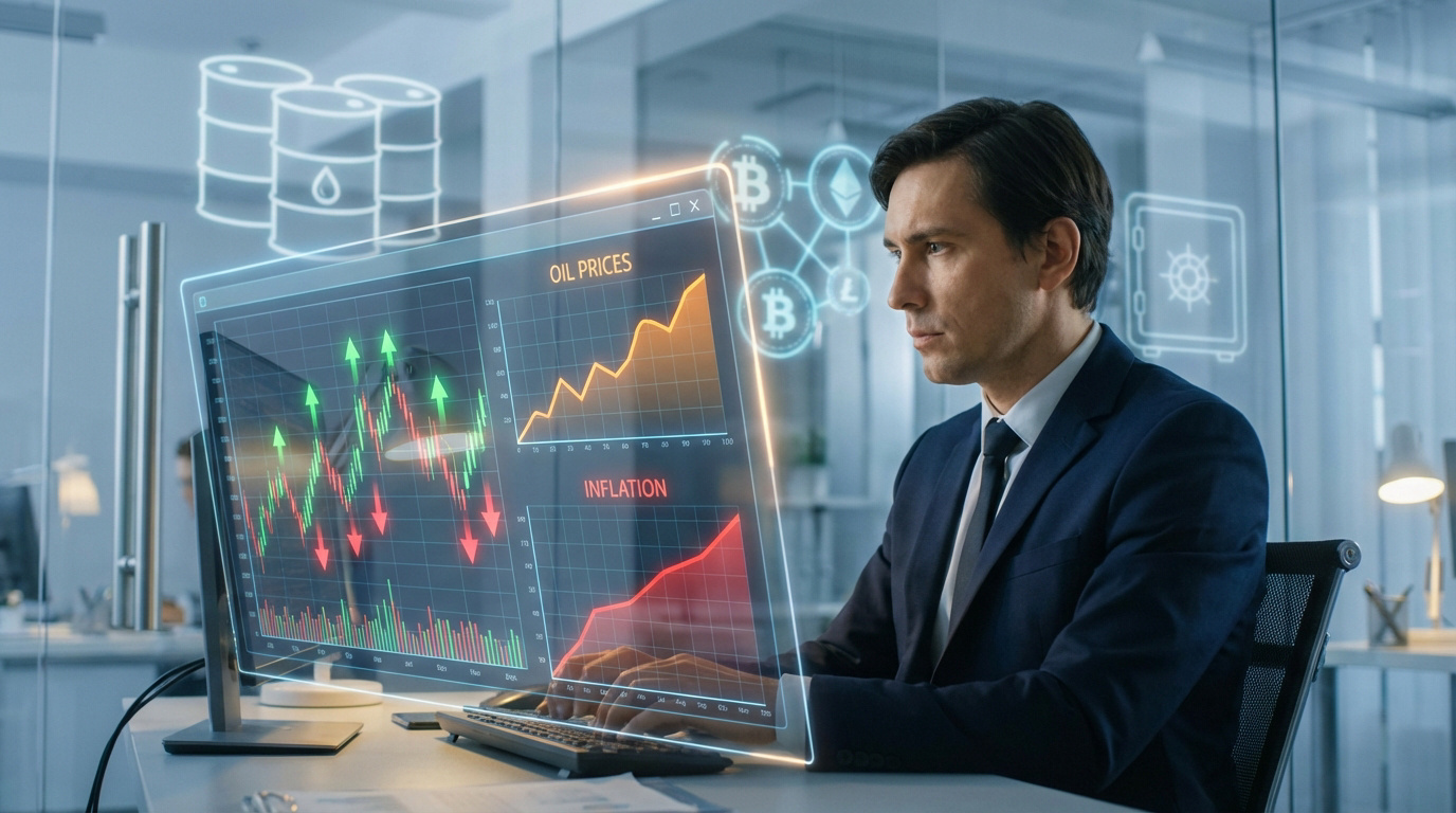 Homme en costume devant un écran holographique affichant des graphiques financiers sur les prix du pétrole, l'inflation et des cryptomonnaies.