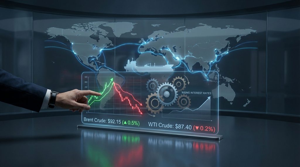 Main interagissant avec un écran transparent montrant des données financières (pétrole, taux), carte mondiale de commerce maritime, et engrenages.
