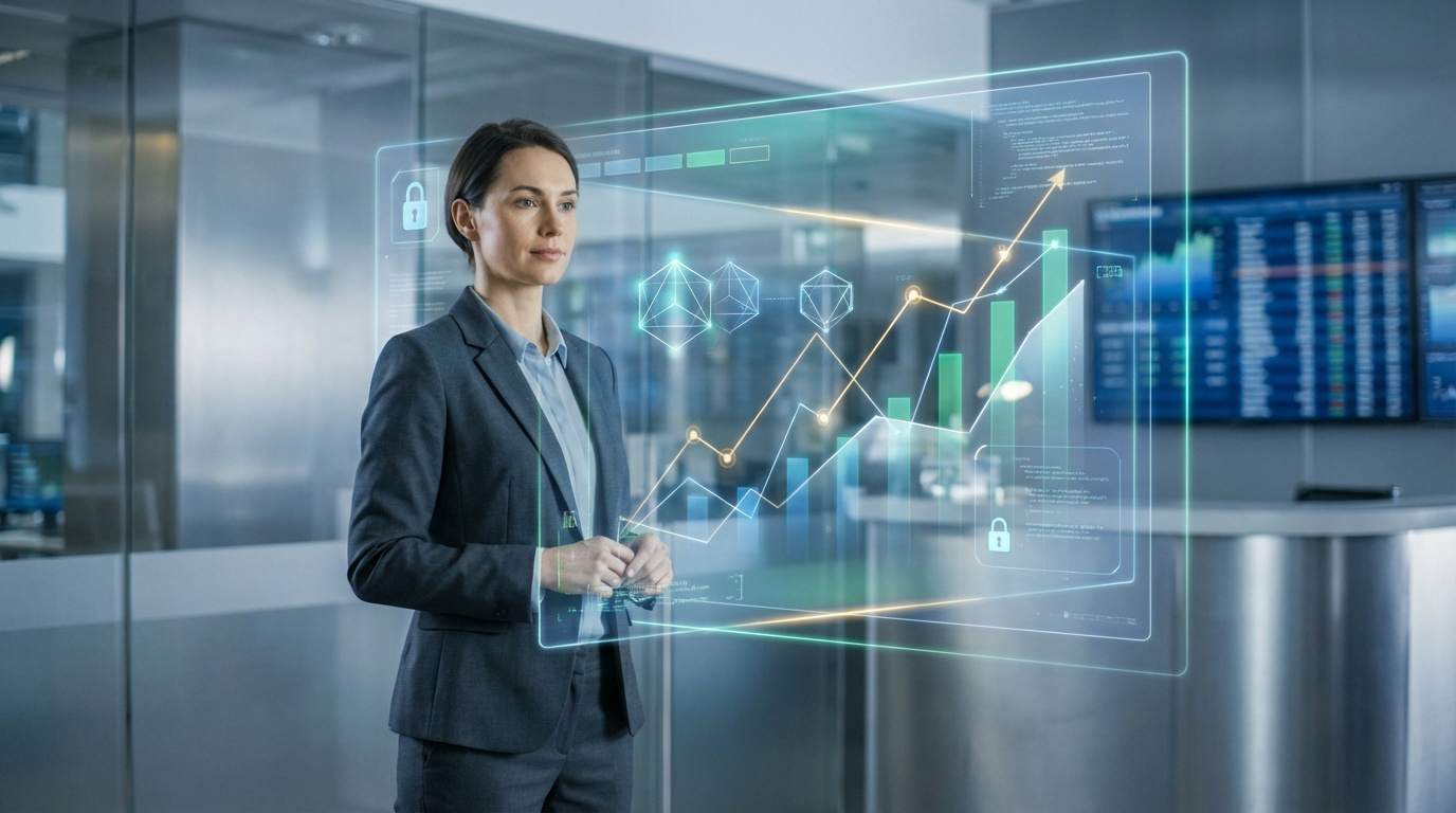 Une professionnelle devant un écran interactif holographique analysant des produits structurés et des données financières.