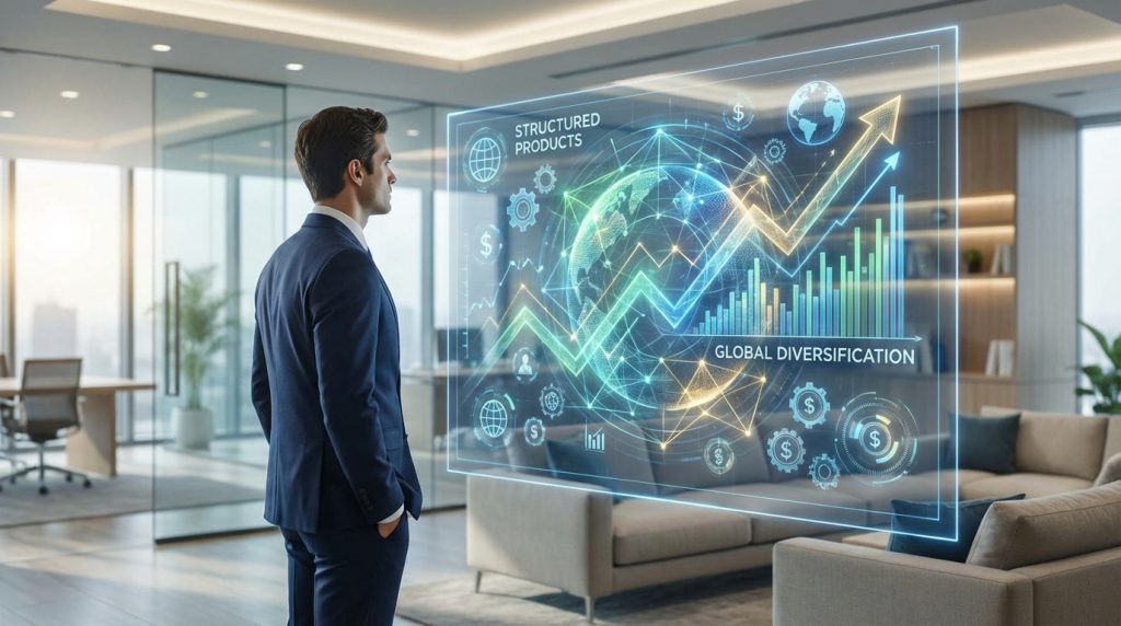 Homme d'affaires regardant un écran holographique de données financières sur les produits structurés et la diversification mondiale.