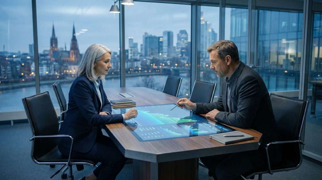 Deux professionnels analysent des données financières sur une table interactive. Ils sont en réunion dans un bureau moderne avec vue sur la ville.