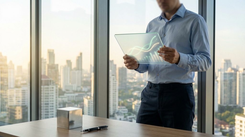 Homme en chemise bleue devant une ville, analysant des graphiques de croissance financière sur une tablette transparente futuriste.
