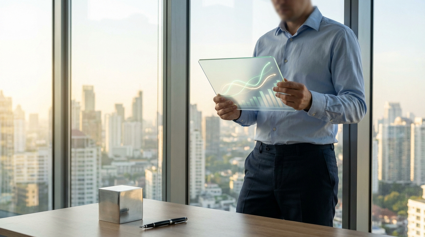 Homme en chemise bleue devant une ville, analysant des graphiques de croissance financière sur une tablette transparente futuriste.