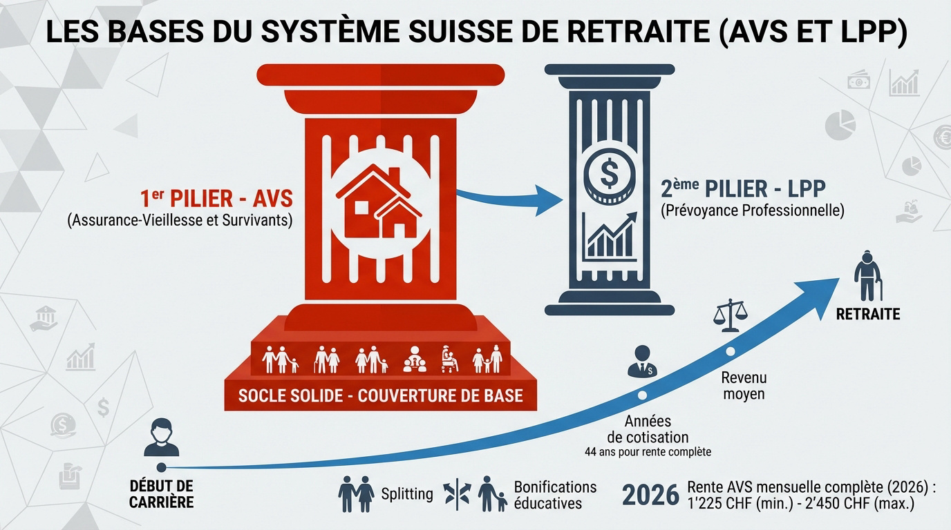 Schéma explicatif des piliers de la retraite en Suisse AVS et LPP
