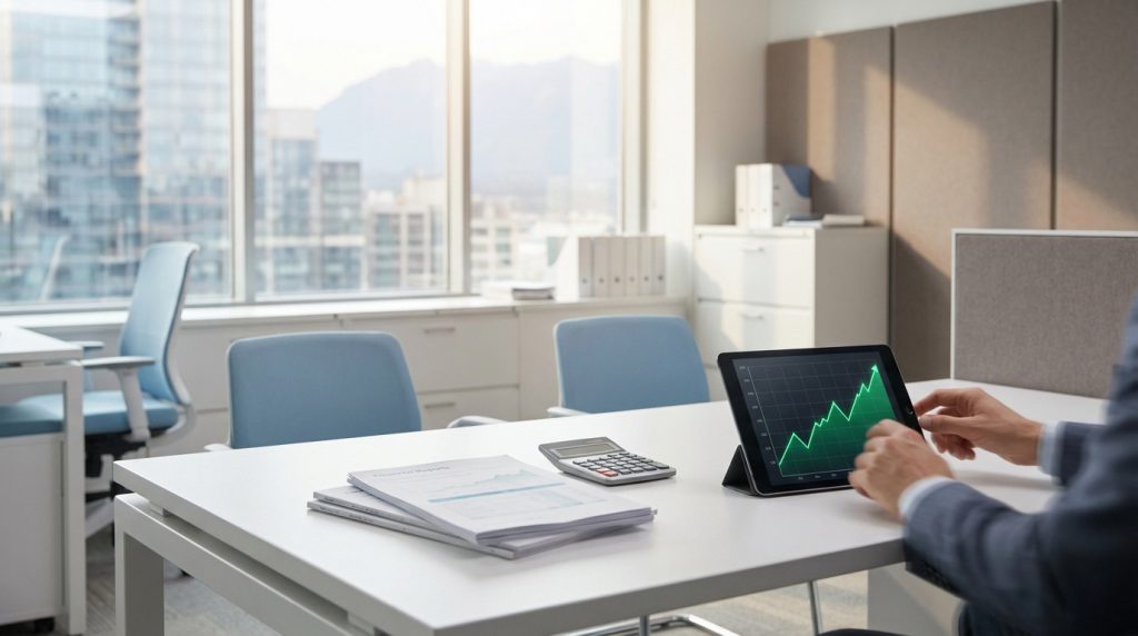 Main d'une personne consultant un graphique de croissance financière sur tablette, avec rapports et calculatrice dans un bureau lumineux.