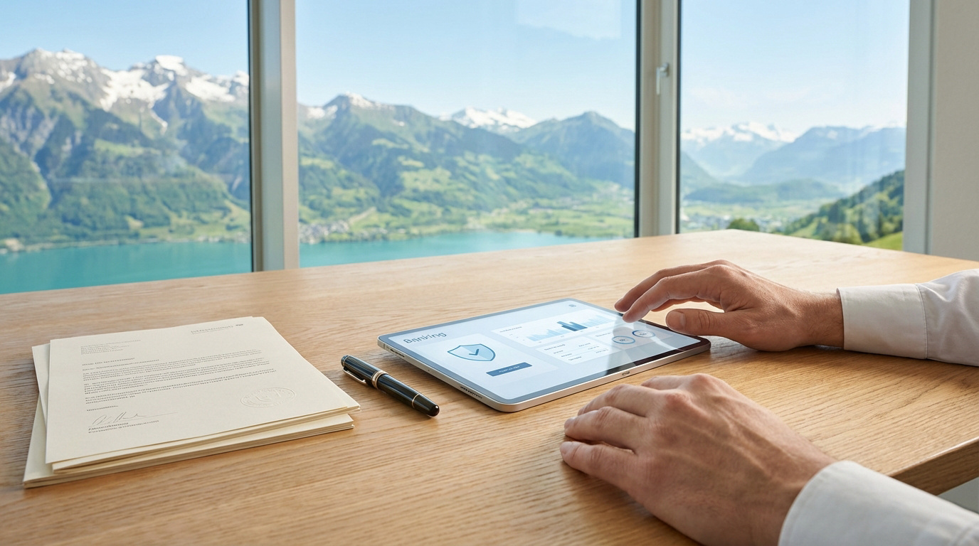 Mains sur une tablette affichant une application bancaire, documents, stylo sur un bureau en bois devant un lac et des montagnes suisses.