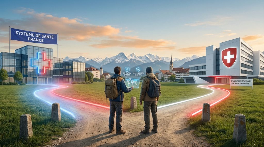 Deux hommes au carrefour entre les systèmes de santé français et suisse, avec montagnes. Tablette affichant les options.