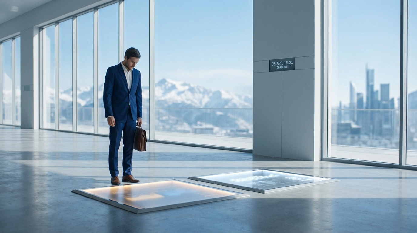 Un homme en costume contemple deux options lumineuses au sol dans un bureau moderne. Une horloge affiche une deadline, vue sur montagnes et ville.