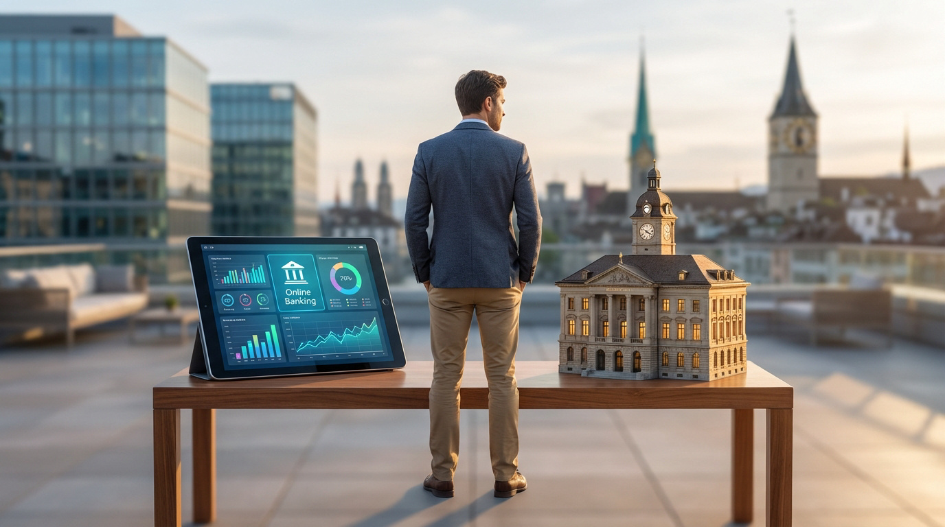 Homme de dos face à Zurich, avec tablette d'e-banking et maquette de banque sur une table. Symbolise tradition et innovation bancaire.