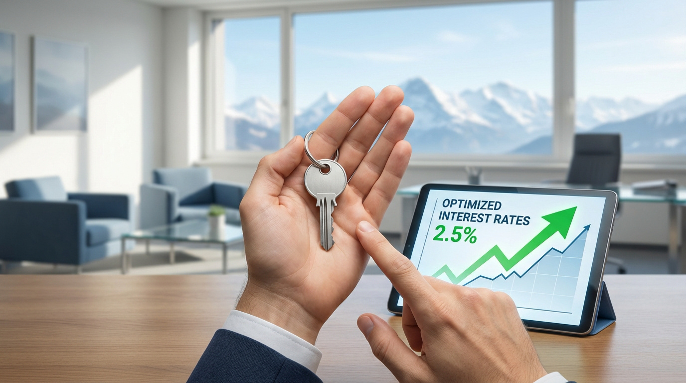 Main tenant une clé devant une tablette affichant "taux d'intérêt optimisés 2.5%" et graphique ascendant. Paysage suisse en arrière-plan.