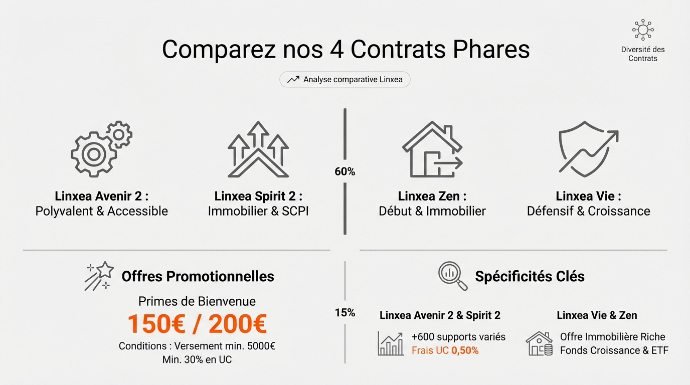 Tableau comparatif des contrats d'assurance vie Linxea Avenir 2, Spirit 2, Vie et Zen