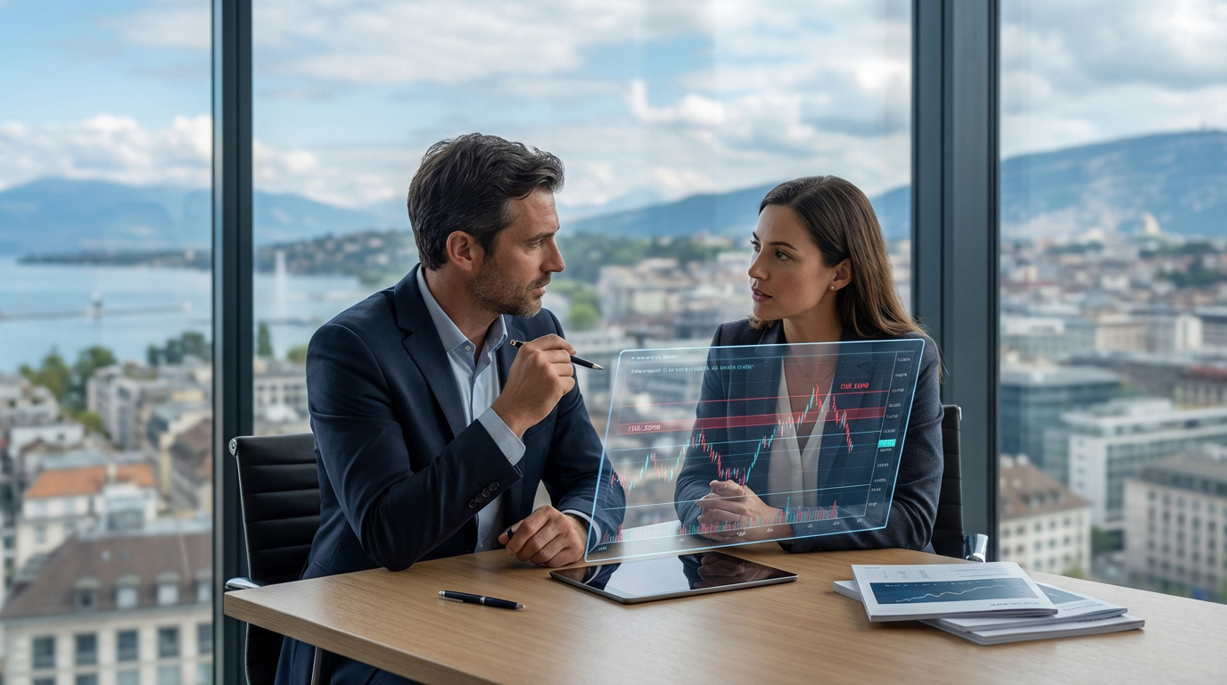 Deux professionnels discutant de finances avec un écran transparent et des graphiques, vue sur Genève en arrière-plan.