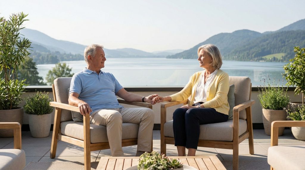 Couple de seniors souriants, main dans la main, sur une terrasse ensoleillée avec vue sur un lac et des montagnes, symbolisant une retraite sereine.