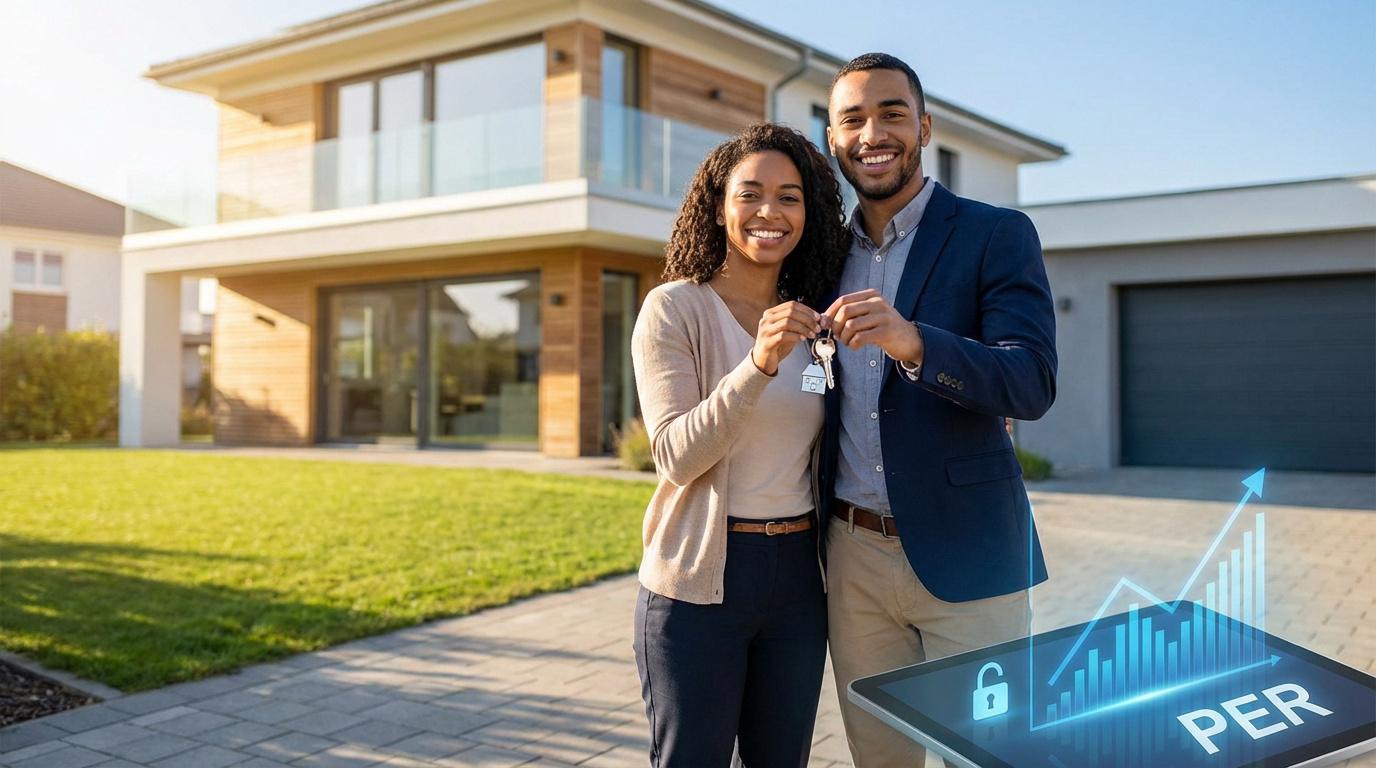 Couple souriant afro-américain devant une maison moderne, tenant des clés. Une tablette indique "PER" et un graphique de croissance.