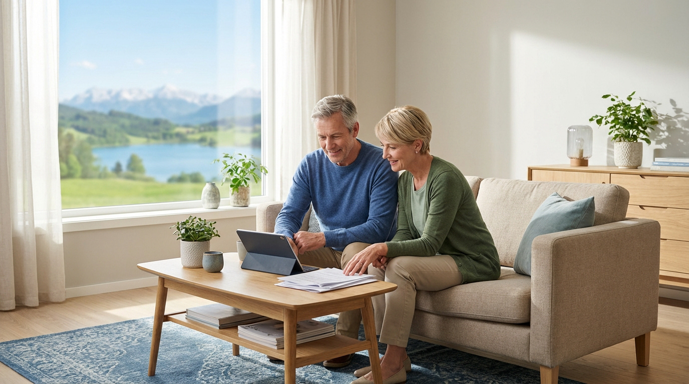 Couple souriant sur un canapé, examinant des documents et une tablette. Fenêtre avec lac et montagnes. Scène de planification financière.