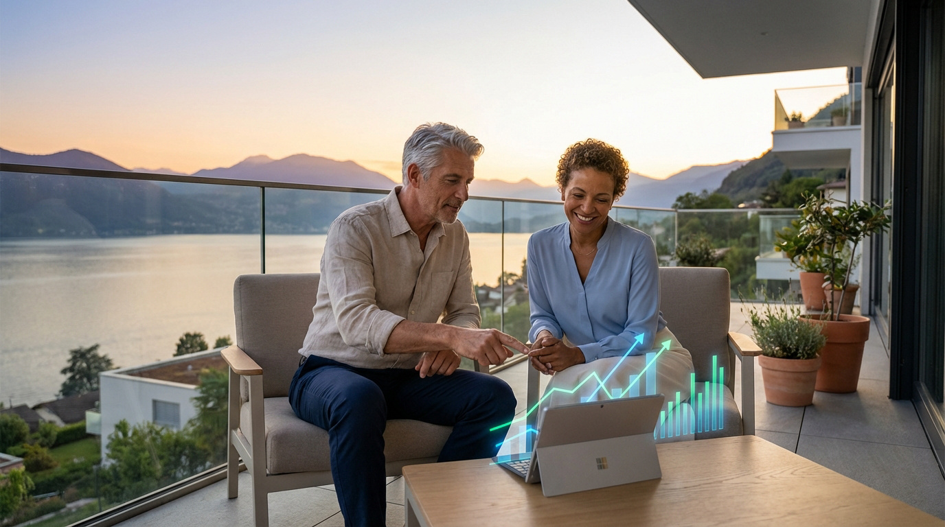Couple souriant planifiant leur retraite sur un balcon avec vue sur lac et montagnes, des graphiques financiers s'affichant sur une tablette.