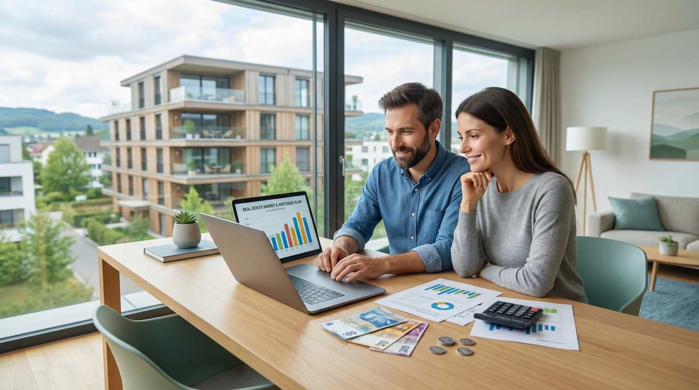 Couple souriant planifiant leur budget immobilier suisse sur un ordinateur portable, avec francs suisses et graphiques sur la table.
