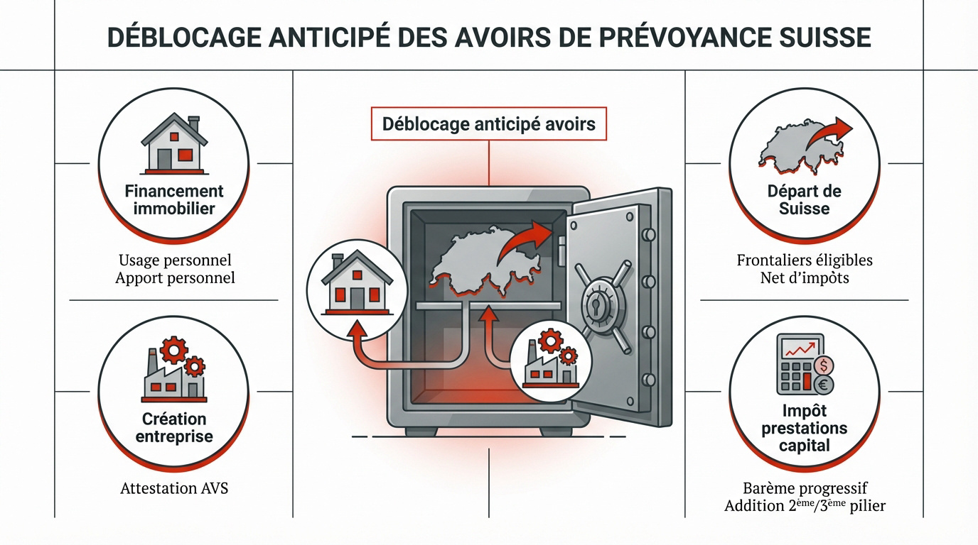 Illustration du déblocage anticipé des avoirs de prévoyance en Suisse