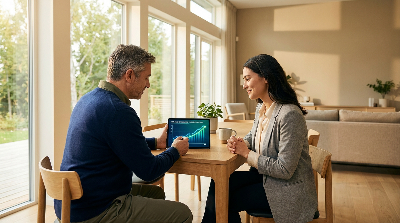 Un homme et une femme analysent des données financières sur une tablette, montrant une croissance des économies, dans un cadre résidentiel.