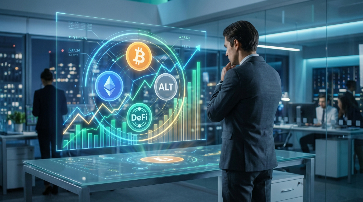 Un homme en costume examine un affichage holographique de cryptomonnaies (BTC, ETH, DeFi) et graphiques de tendance dans un bureau moderne.