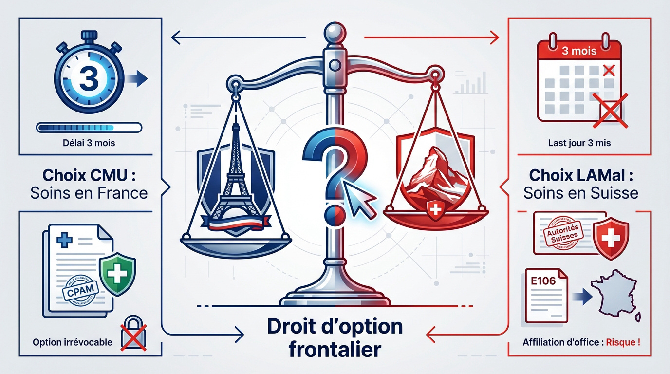 Infographie expliquant le droit d'option entre CMU et LAMal pour les frontaliers suisses