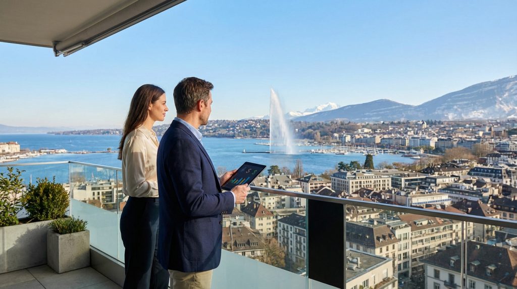 Un couple sur un balcon avec vue sur Genève, le Jet d'Eau et le lac. L'homme examine des données financières sur une tablette.