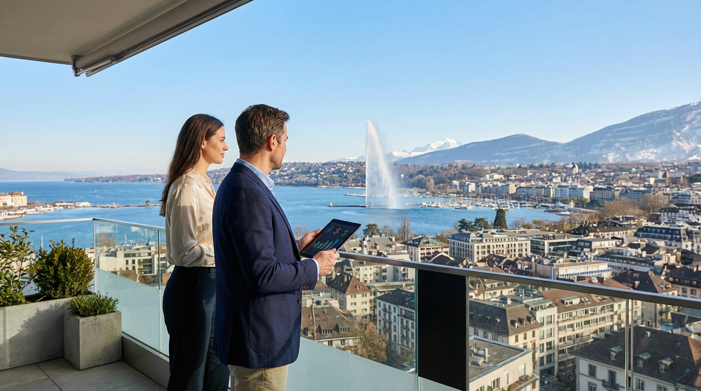 Un couple sur un balcon avec vue sur Genève, le Jet d'Eau et le lac. L'homme examine des données financières sur une tablette.