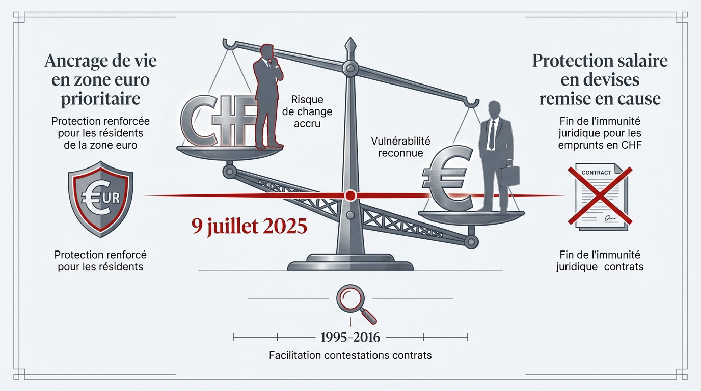 Balance symbolisant l'équilibre juridique entre le franc suisse et l'euro pour les prêts immobiliers