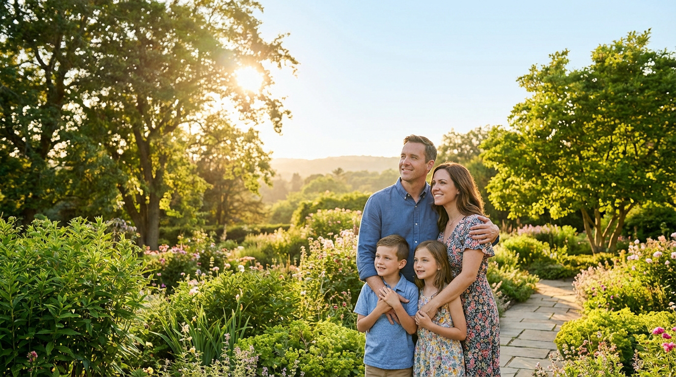 Famille souriante (parents et deux enfants) dans un jardin ensoleillé et fleuri, regardant paisiblement vers l'horizon.