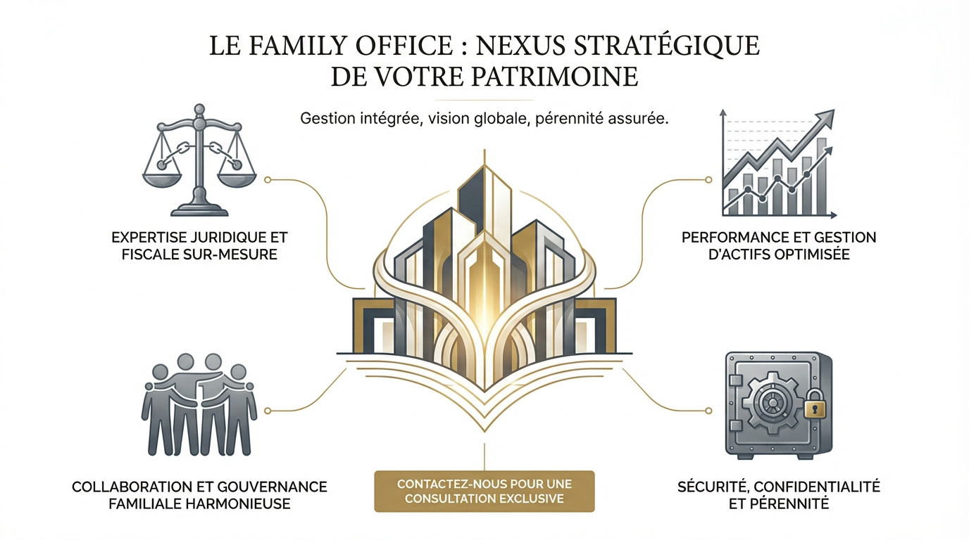 Schéma illustrant le rôle central du Family Office dans la gestion de fortune