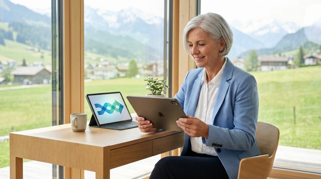 Femme souriante utilisant des tablettes pour consulter des informations financières dans un bureau moderne avec vue sur les Alpes suisses.