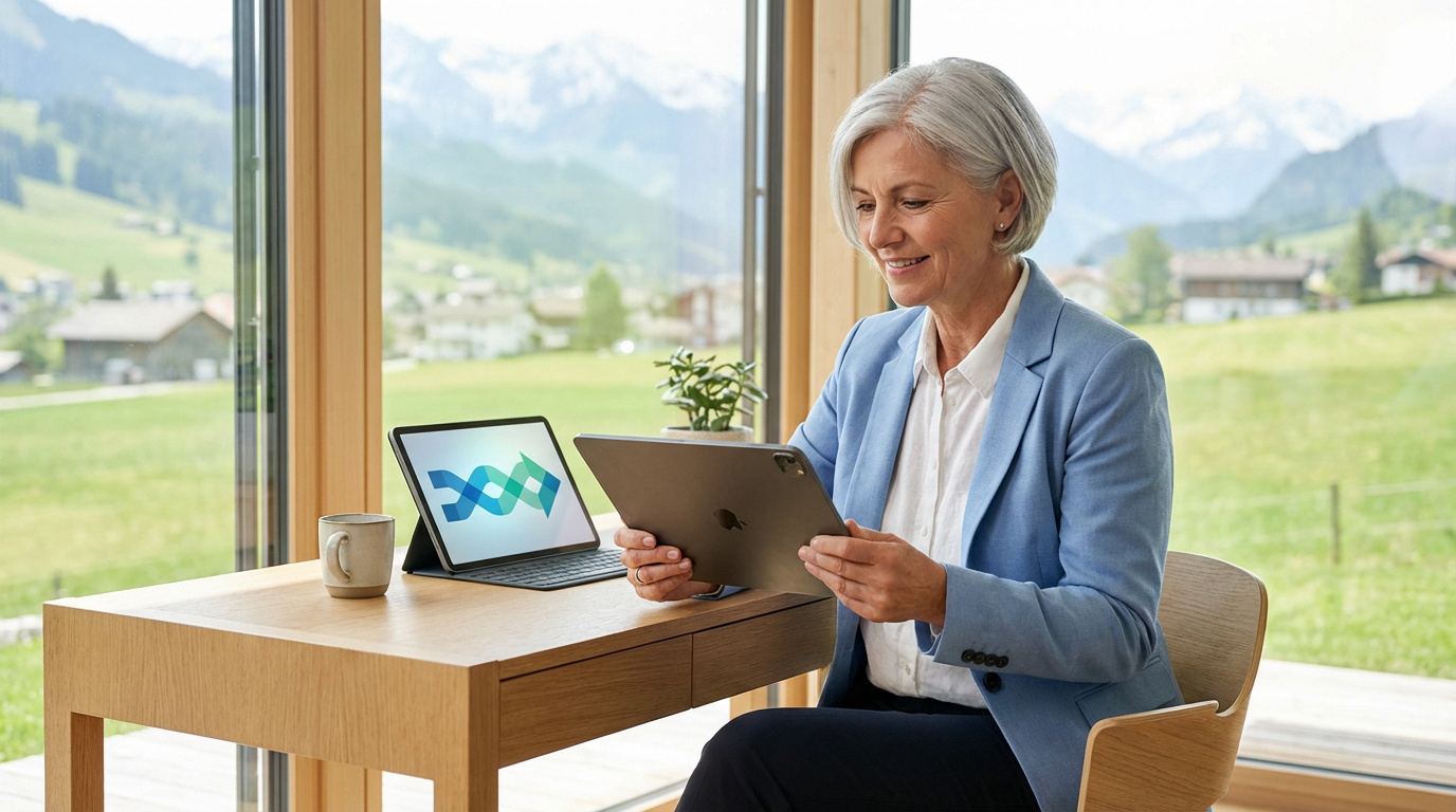 Femme souriante utilisant des tablettes pour consulter des informations financières dans un bureau moderne avec vue sur les Alpes suisses.