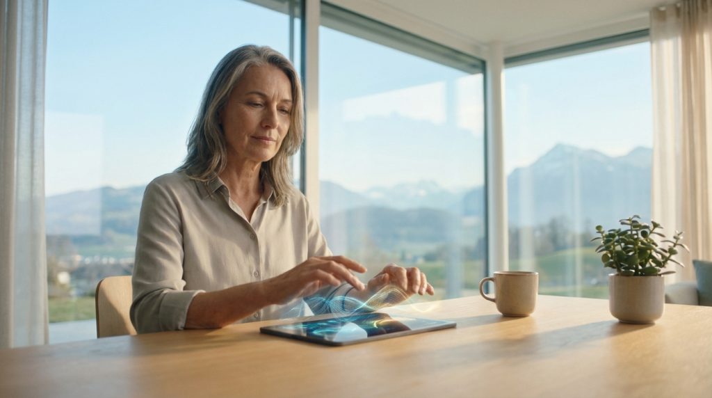 Femme aux cheveux gris utilise une tablette avec projection holographique pour simuler sa retraite. Vue sur les montagnes suisses.